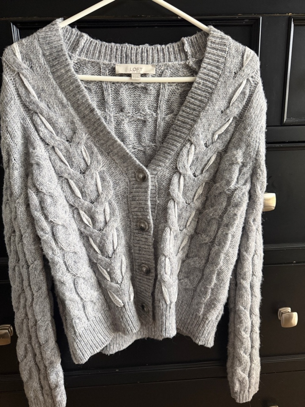 LOFT Light Gray Cable Knit V-Neck Button Front Cardigan